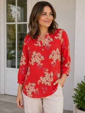 Elaine Rose Red Floral Split Neck 3/4 Sleeve Blouse Size M